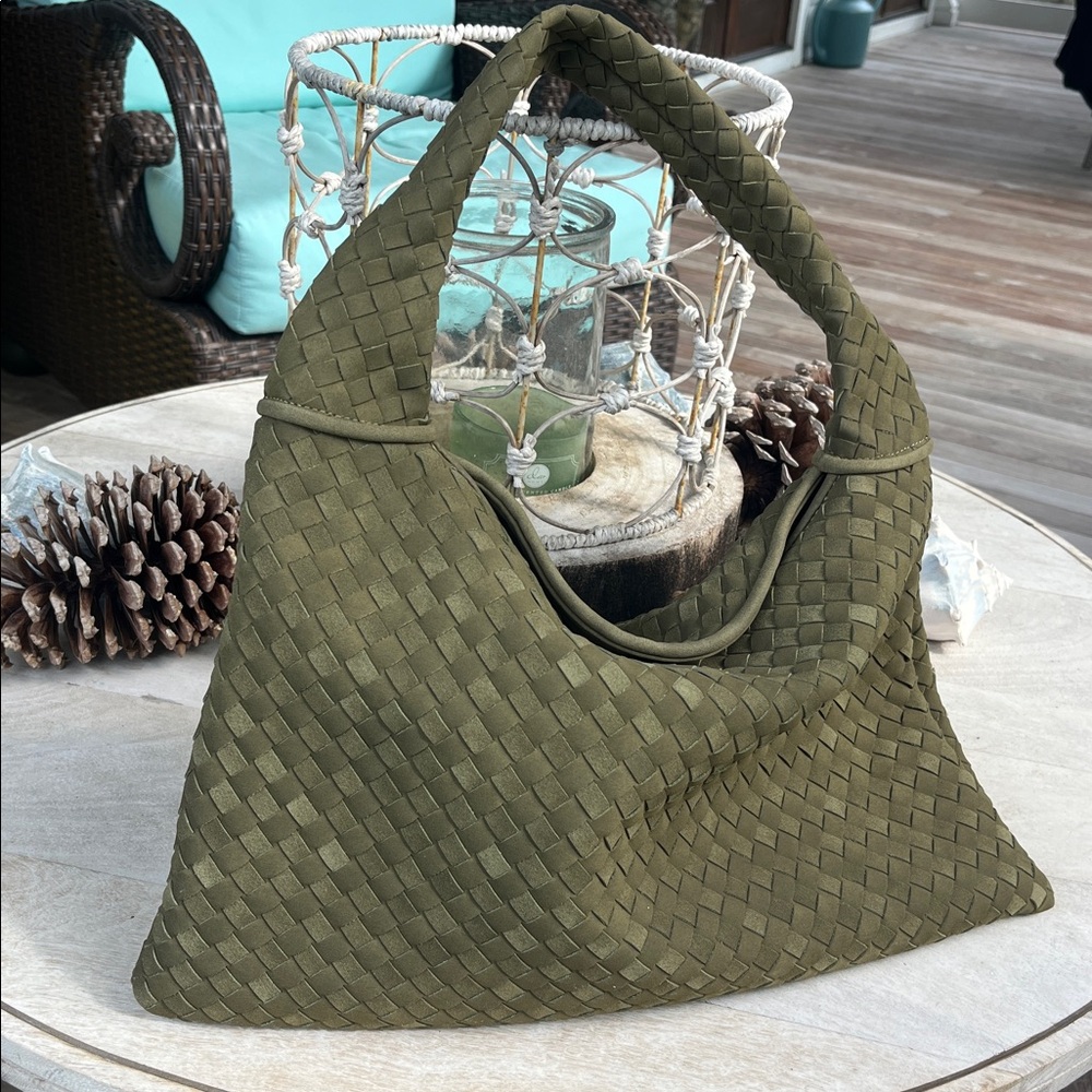 Elegant Olive Green Woven Tote Bag Made from Vegan Suede Leather